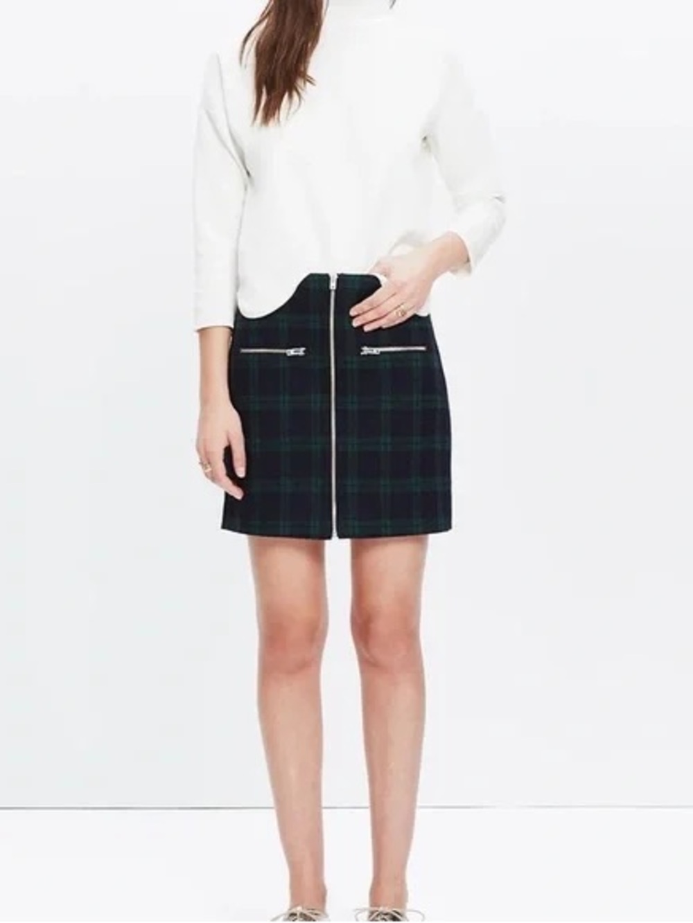 Madewell Plaid Zip-Front Mini Skirt in Black and Green